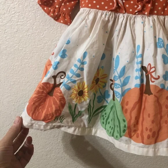 Eleanor Rose Pumpkin Polka Dot Rhonda Ruffle Dress in Orange - Size 4-5